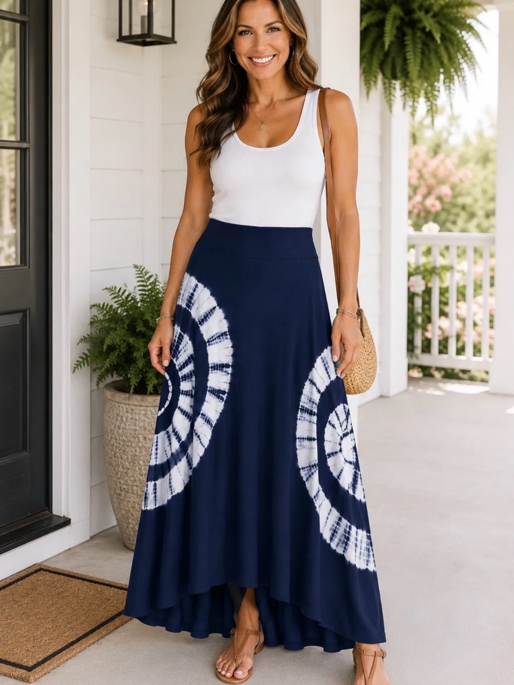 new directions Navy and White Tie-Dye High-Low Maxi Skirt